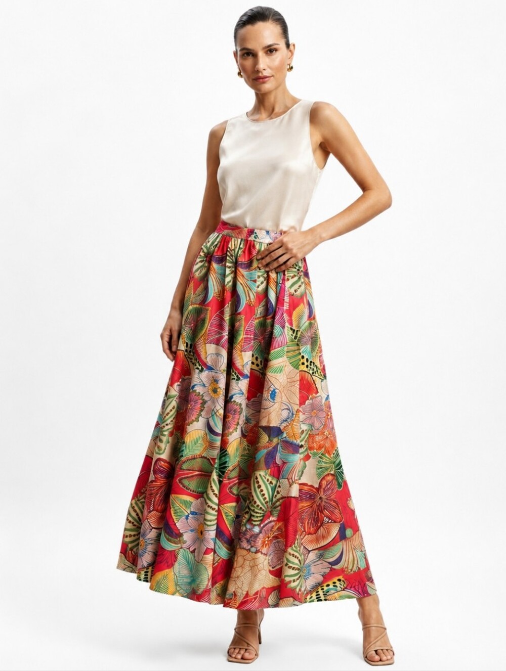 Calypso St. Barth Tropical Floral Long Maxi Skirt Resortwear Red Multicolor XS